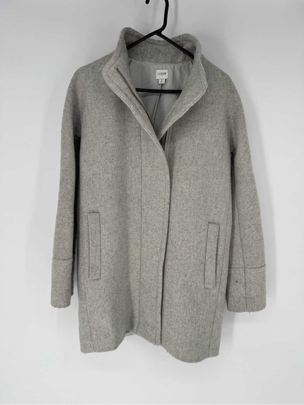 J. Crew Light Gray Wool-Blend Stand Collar Pea Coat with funnel neck